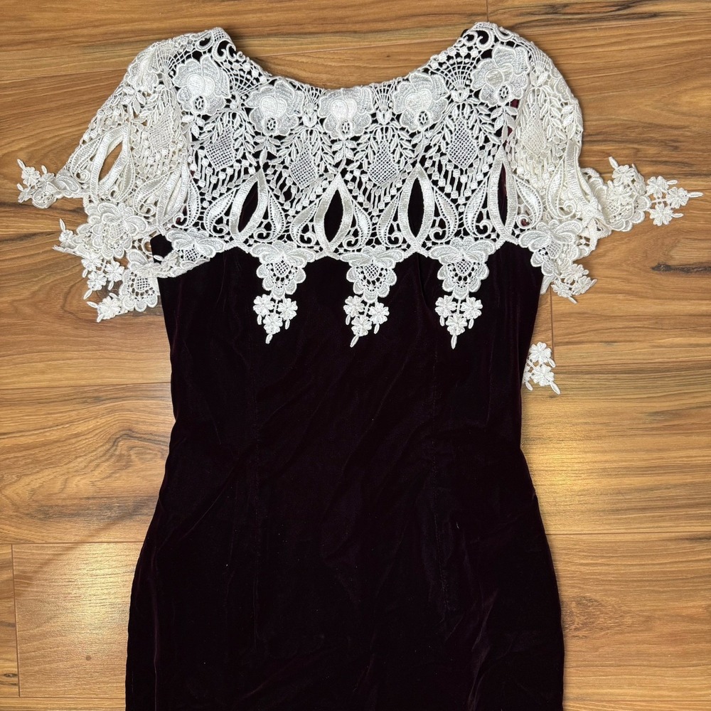 VTG Jessica Scott McClintock Dress Sz 6 Lace Wine Velvet Dark Academia Prom - Picture 2 of 12